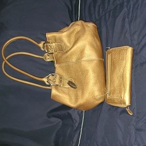 Tignanello gold purse with wallet with silver buckles